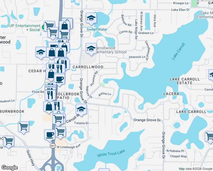 map of restaurants, bars, coffee shops, grocery stores, and more near 10715 Carrollwood Drive in Tampa