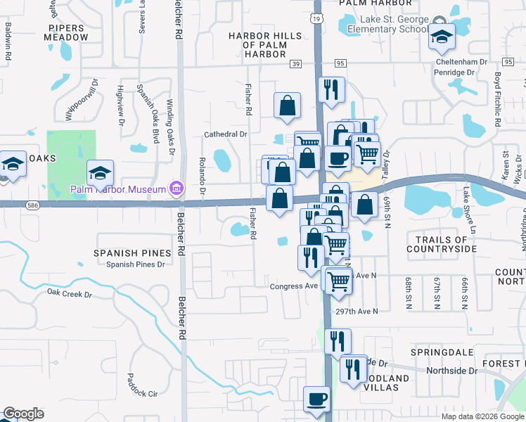 map of restaurants, bars, coffee shops, grocery stores, and more near 2323 Curlew Road in Dunedin