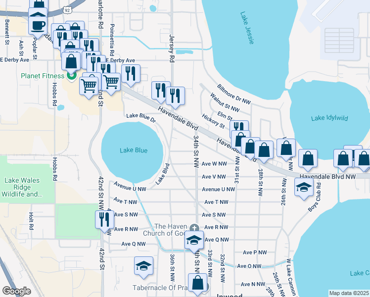 map of restaurants, bars, coffee shops, grocery stores, and more near 3405 Avenue X Northwest in Winter Haven