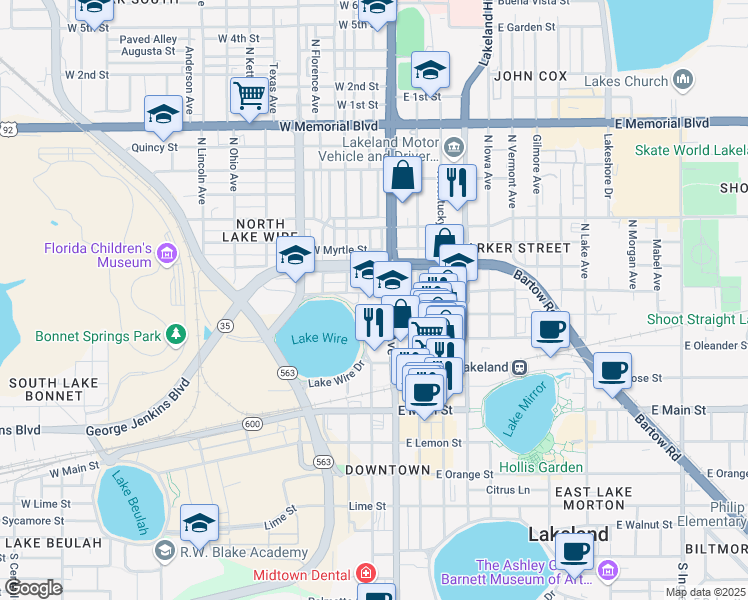 map of restaurants, bars, coffee shops, grocery stores, and more near 400 North Florida Avenue in Lakeland