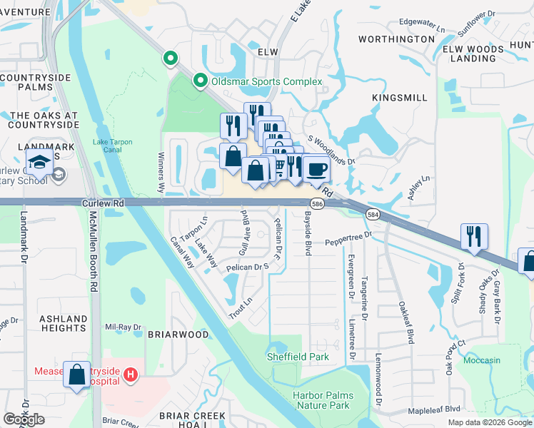 map of restaurants, bars, coffee shops, grocery stores, and more near 90 Pelican Drive East in Oldsmar