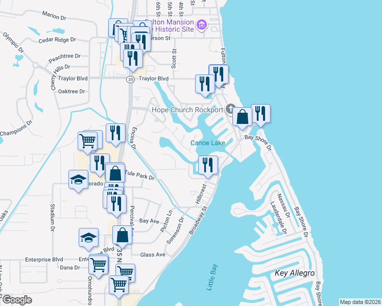 map of restaurants, bars, coffee shops, grocery stores, and more near 2317 Edgewater Court in Rockport