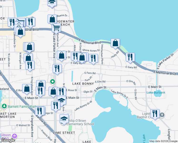 map of restaurants, bars, coffee shops, grocery stores, and more near 1512 East Fern Road in Lakeland