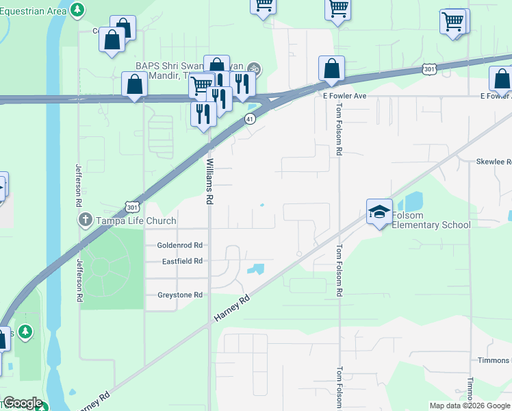 map of restaurants, bars, coffee shops, grocery stores, and more near 9532 Ripley Road in Thonotosassa