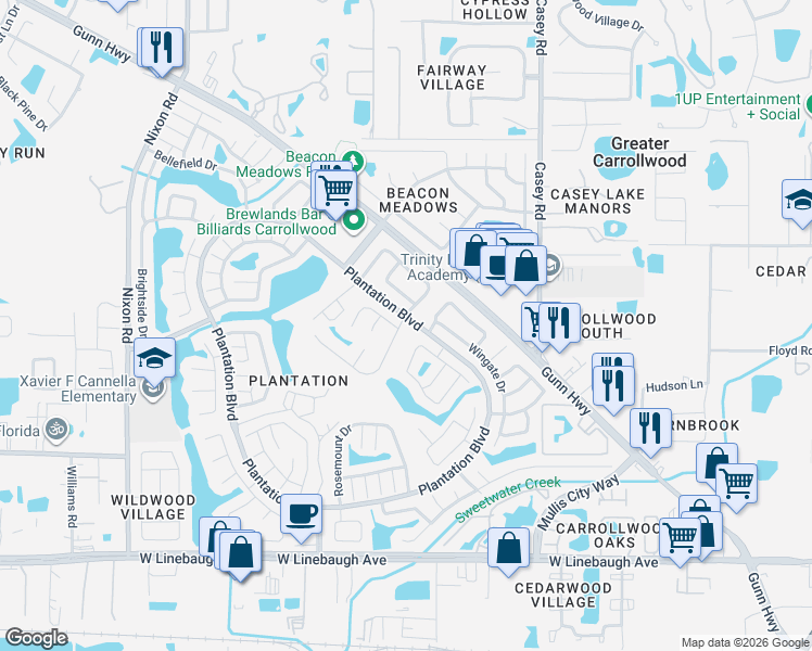 map of restaurants, bars, coffee shops, grocery stores, and more near 11101 Bramblebrush St in Tampa