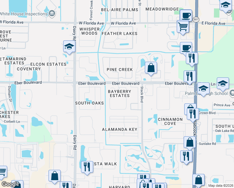 map of restaurants, bars, coffee shops, grocery stores, and more near 4168 Bayberry Drive in Melbourne