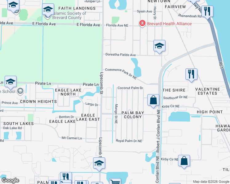 map of restaurants, bars, coffee shops, grocery stores, and more near 1984 Mango Street Northeast in Palm Bay