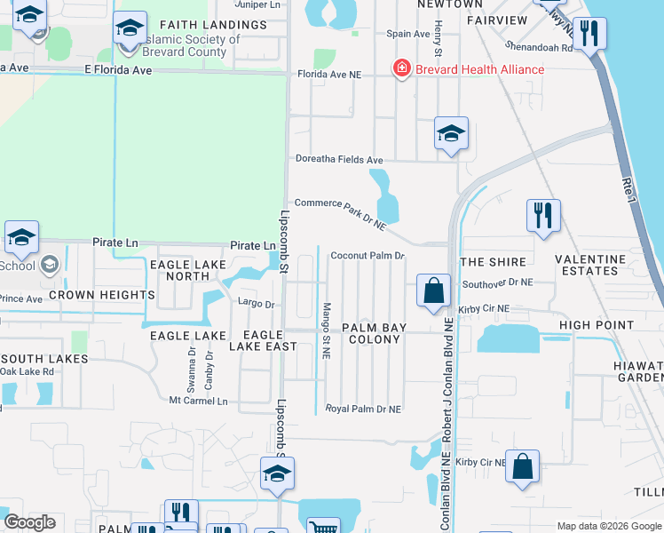 map of restaurants, bars, coffee shops, grocery stores, and more near 1978 Sago Palm Street Northeast in Palm Bay