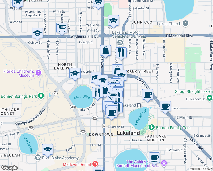 map of restaurants, bars, coffee shops, grocery stores, and more near 411 North Florida Avenue in Lakeland