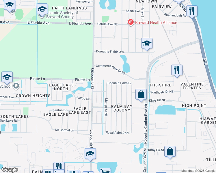 map of restaurants, bars, coffee shops, grocery stores, and more near 1978 Sago Palm Street Northeast in Palm Bay