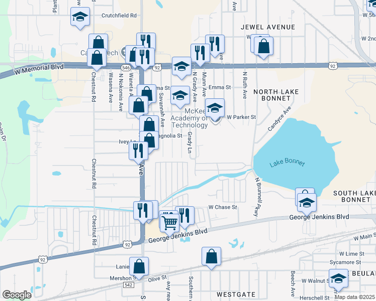 map of restaurants, bars, coffee shops, grocery stores, and more near 618 North Grady Avenue in Lakeland