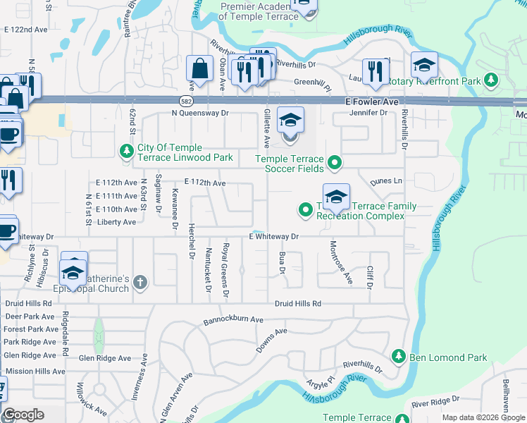map of restaurants, bars, coffee shops, grocery stores, and more near 10908 Gillette Avenue in Tampa