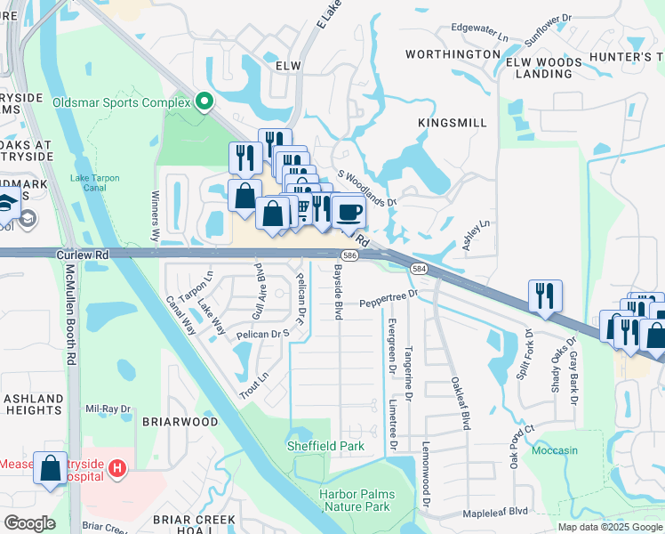 map of restaurants, bars, coffee shops, grocery stores, and more near 2000 Mandalay Court in Oldsmar