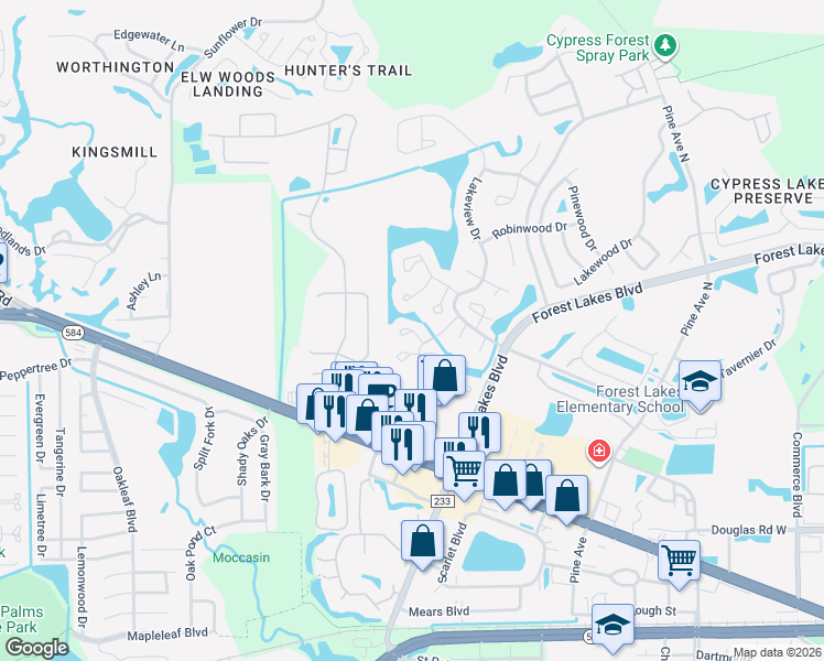 map of restaurants, bars, coffee shops, grocery stores, and more near 126 Loblolly Court in Oldsmar