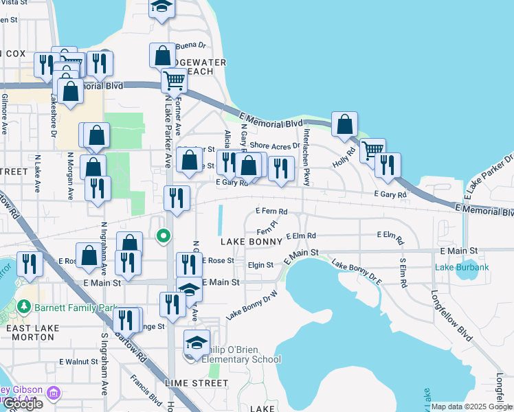 map of restaurants, bars, coffee shops, grocery stores, and more near 1426 East Fern Road in Lakeland