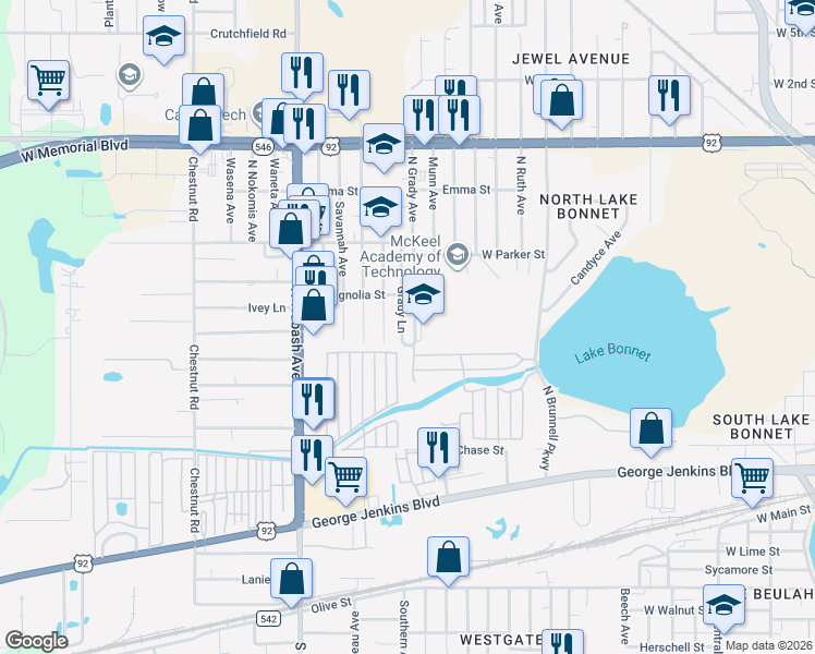 map of restaurants, bars, coffee shops, grocery stores, and more near 618 North Grady Avenue in Lakeland