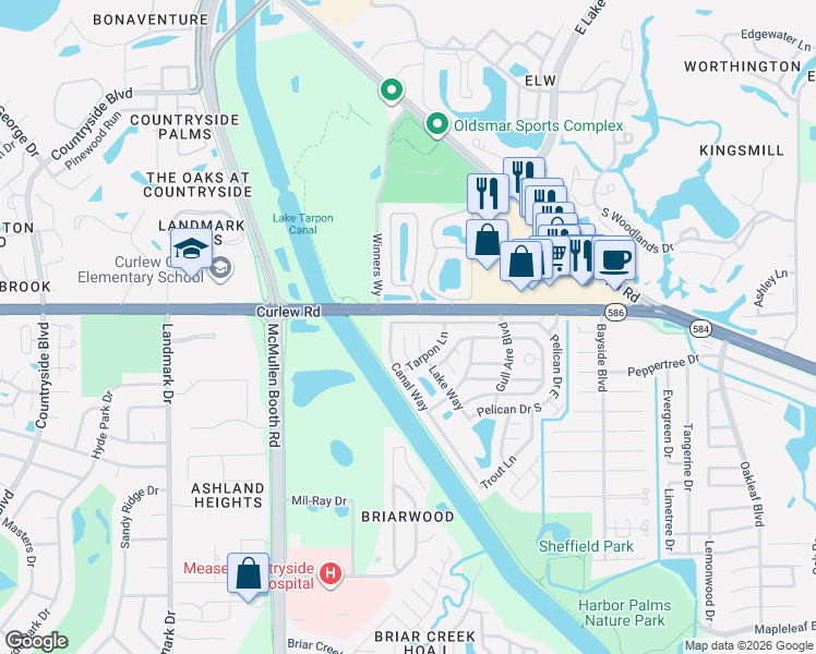 map of restaurants, bars, coffee shops, grocery stores, and more near 282 Pelican Drive South in Oldsmar