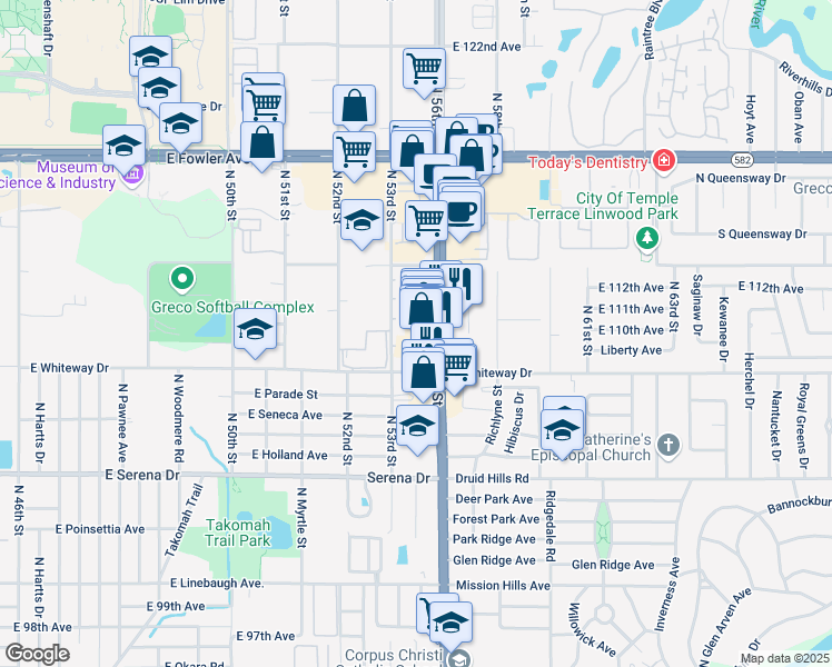 map of restaurants, bars, coffee shops, grocery stores, and more near 11131 Normandy Place in Temple Terrace