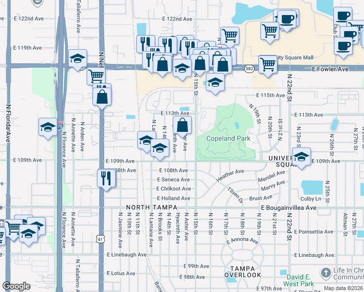 map of restaurants, bars, coffee shops, grocery stores, and more near 10913 Hyacinth Avenue in Tampa