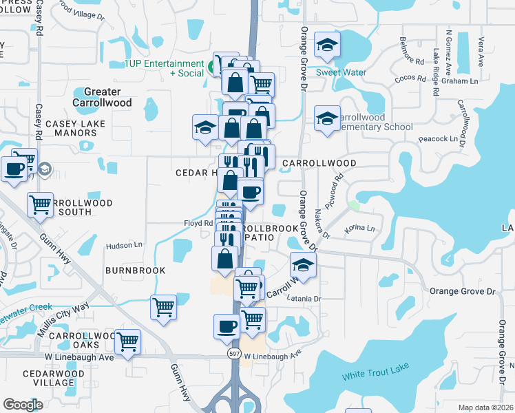 map of restaurants, bars, coffee shops, grocery stores, and more near 10905 Bent Tree Place in Greater Carrollwood