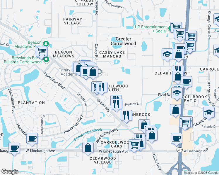 map of restaurants, bars, coffee shops, grocery stores, and more near 10906 Autumn Oak Place in Tampa