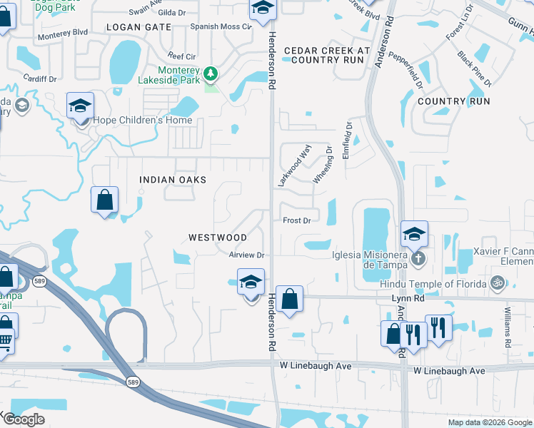 map of restaurants, bars, coffee shops, grocery stores, and more near 6204 Frost Drive in Tampa