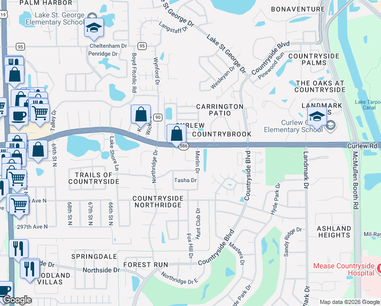 map of restaurants, bars, coffee shops, grocery stores, and more near 2732 Poppyseed Court in Clearwater