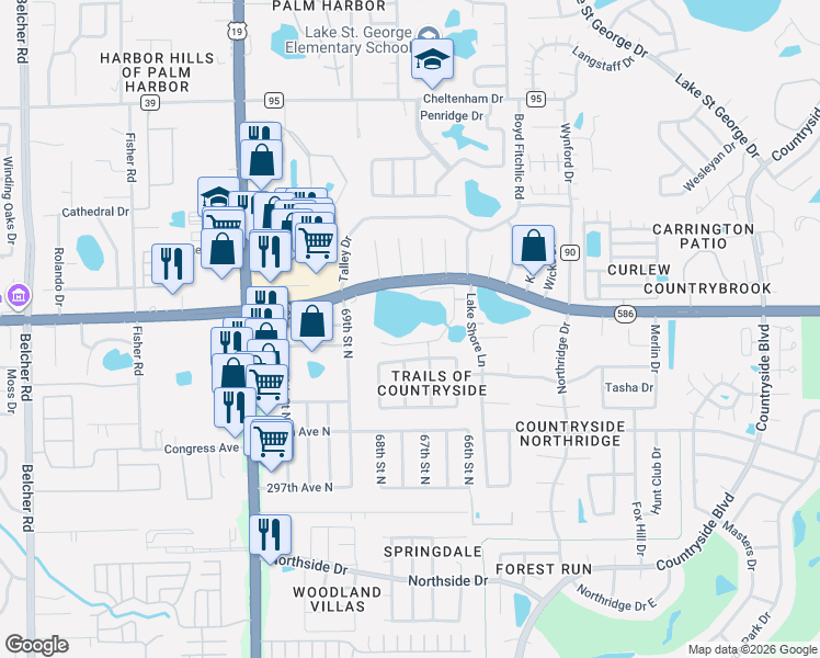 map of restaurants, bars, coffee shops, grocery stores, and more near 3474 Aspen Trail in Clearwater