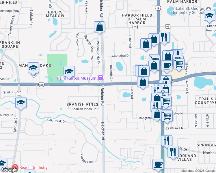 map of restaurants, bars, coffee shops, grocery stores, and more near 2225 Curlew Road in Dunedin