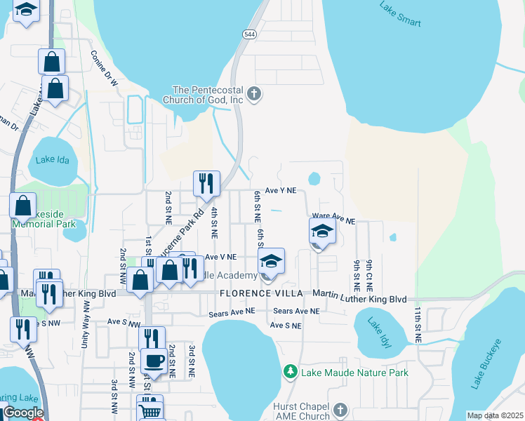 map of restaurants, bars, coffee shops, grocery stores, and more near 2430 6th Street Northeast in Winter Haven