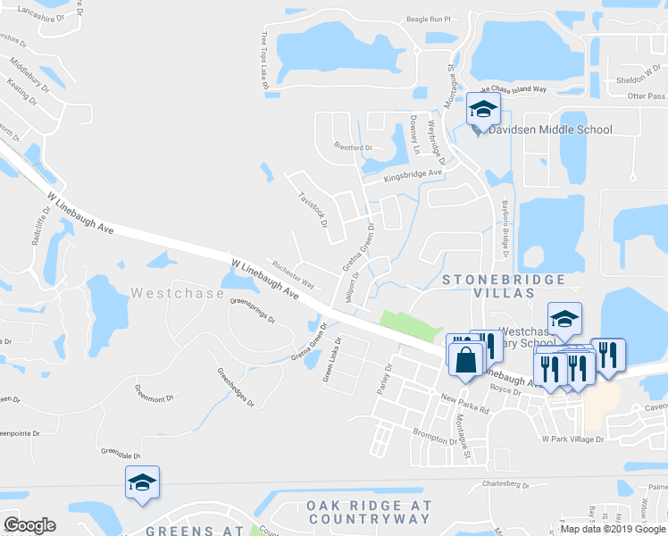 map of restaurants, bars, coffee shops, grocery stores, and more near 10503 Castleford Way in Tampa