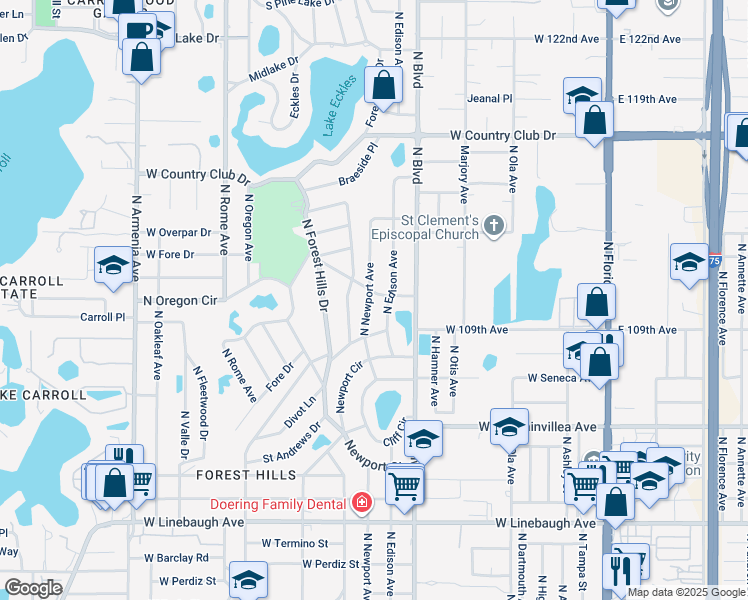 map of restaurants, bars, coffee shops, grocery stores, and more near 10811 North Newport Avenue in Tampa