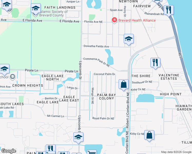 map of restaurants, bars, coffee shops, grocery stores, and more near 1978 Sago Palm Street Northeast in Palm Bay