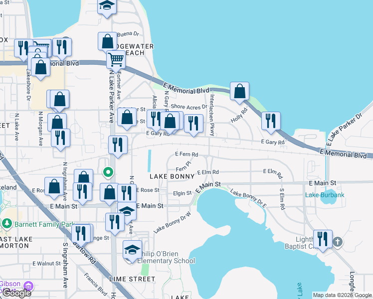 map of restaurants, bars, coffee shops, grocery stores, and more near 1512 East Fern Road in Lakeland