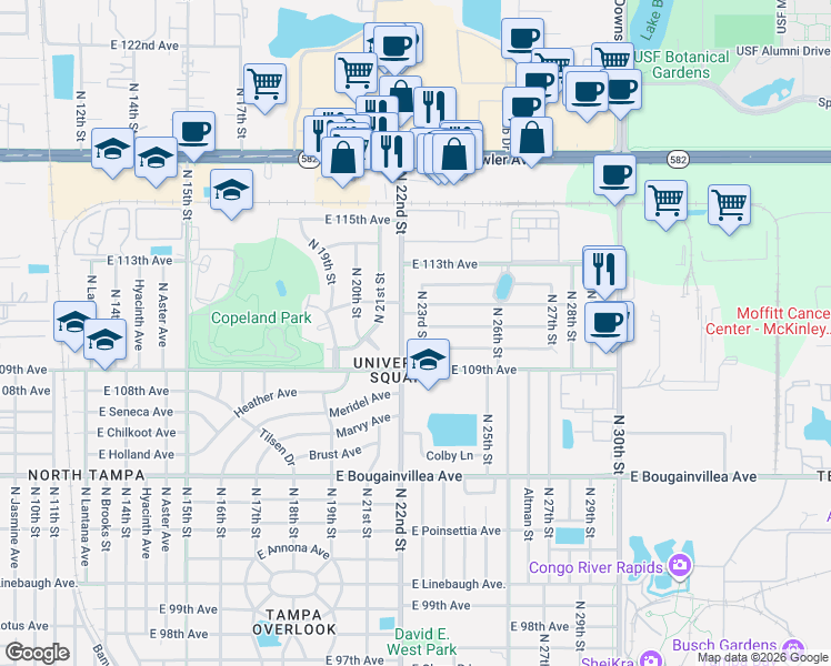 map of restaurants, bars, coffee shops, grocery stores, and more near 10908 North 23rd Street in Tampa