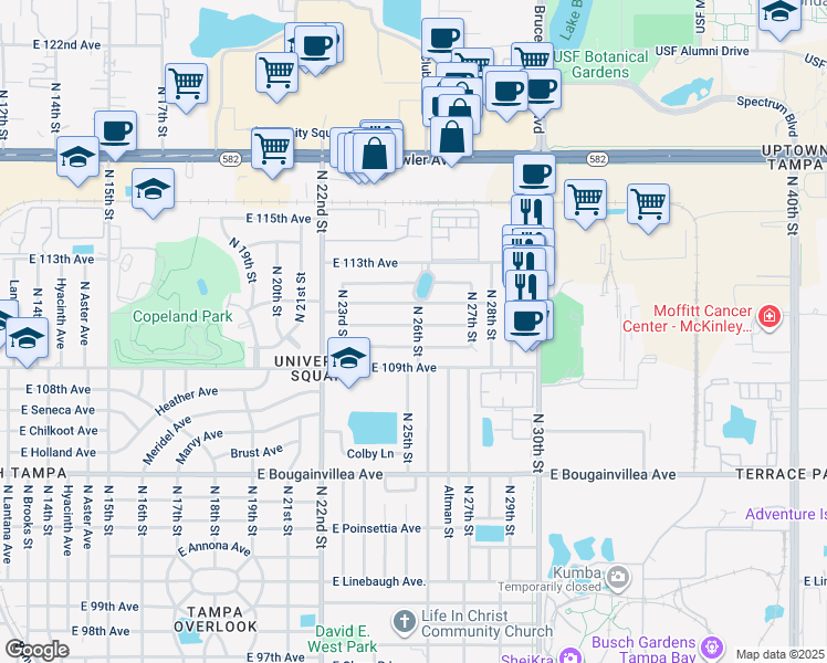 map of restaurants, bars, coffee shops, grocery stores, and more near 2329 East 110th Avenue in Tampa