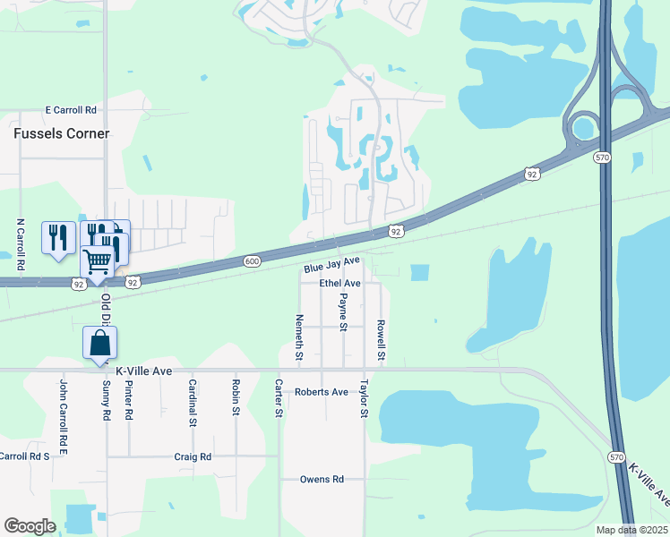 map of restaurants, bars, coffee shops, grocery stores, and more near 3831 Blue Jay Avenue in Auburndale