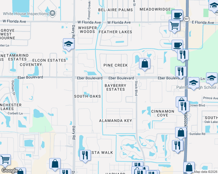 map of restaurants, bars, coffee shops, grocery stores, and more near 4168 Bayberry Drive in Melbourne