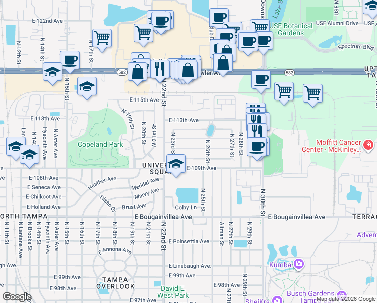 map of restaurants, bars, coffee shops, grocery stores, and more near 2313 East 110th Avenue in Tampa