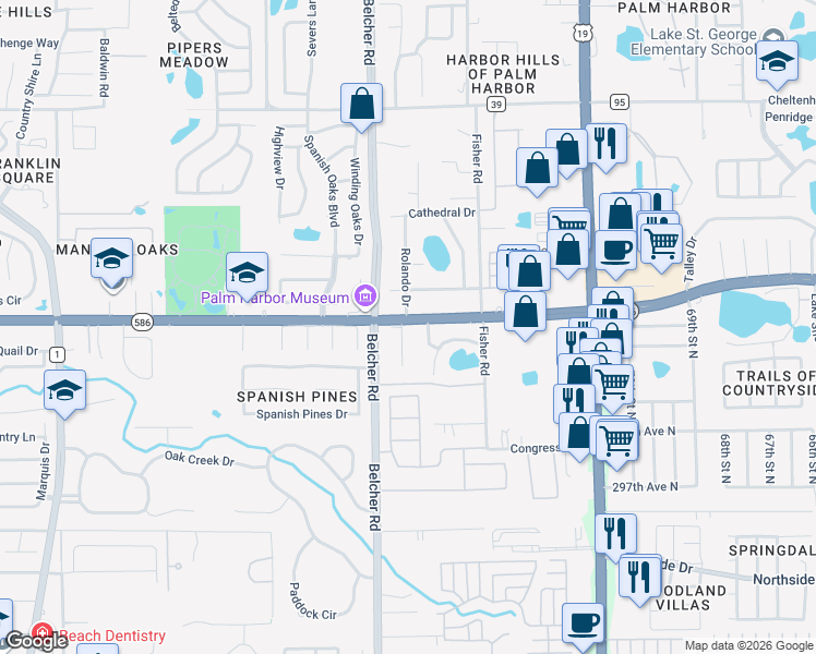 map of restaurants, bars, coffee shops, grocery stores, and more near 2225 Curlew Road in Dunedin