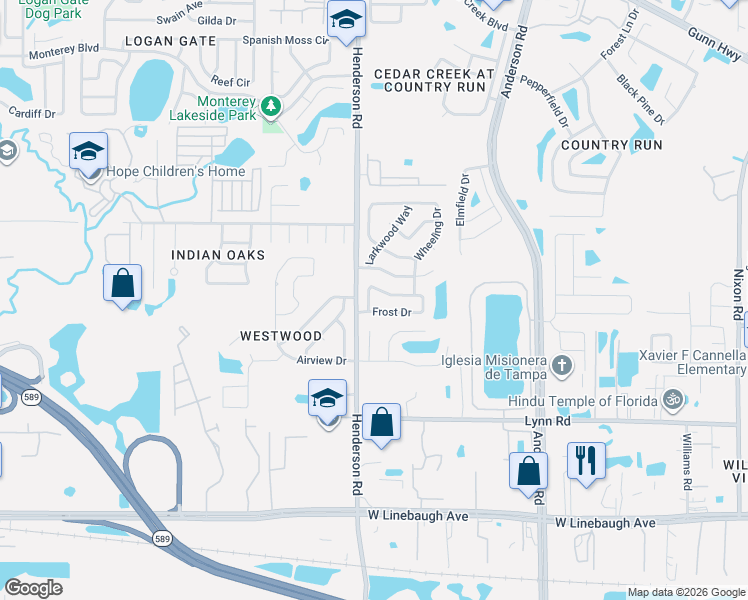 map of restaurants, bars, coffee shops, grocery stores, and more near 6204 Frost Drive in Tampa