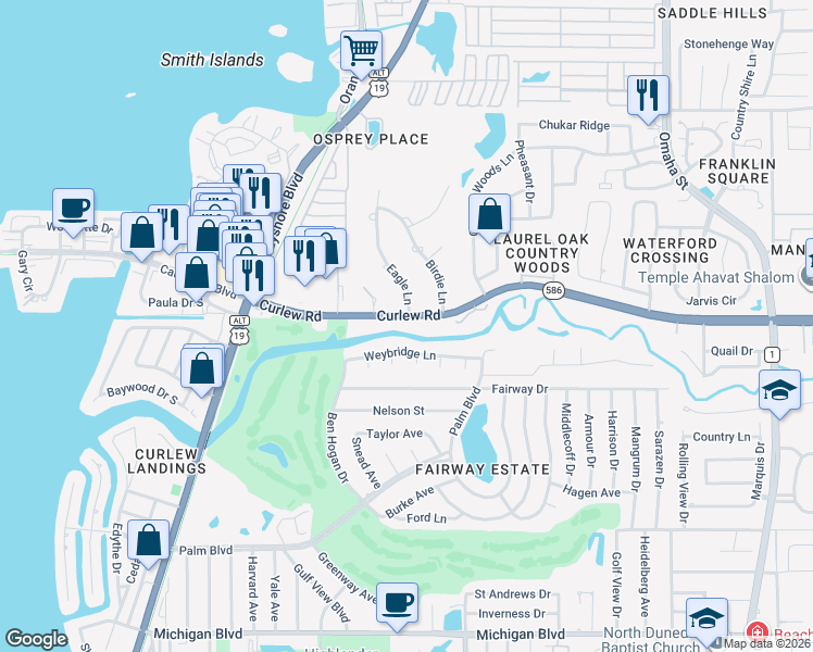 map of restaurants, bars, coffee shops, grocery stores, and more near 1225 Curlew Road in Dunedin