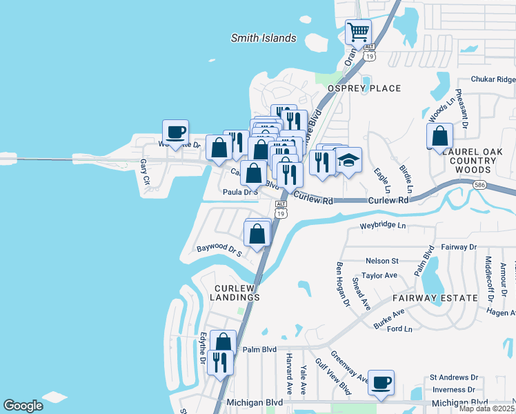 map of restaurants, bars, coffee shops, grocery stores, and more near 594 Baywood Drive North in Dunedin