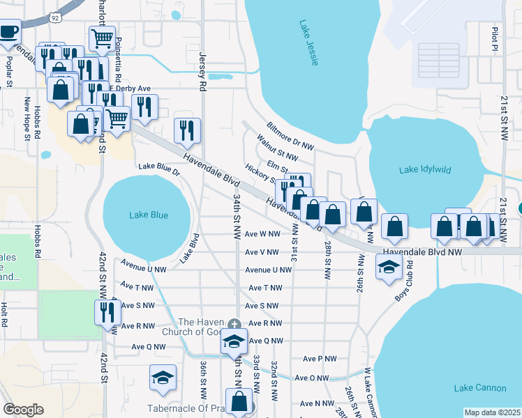 map of restaurants, bars, coffee shops, grocery stores, and more near 3237 Xerxes Avenue Northwest in Winter Haven