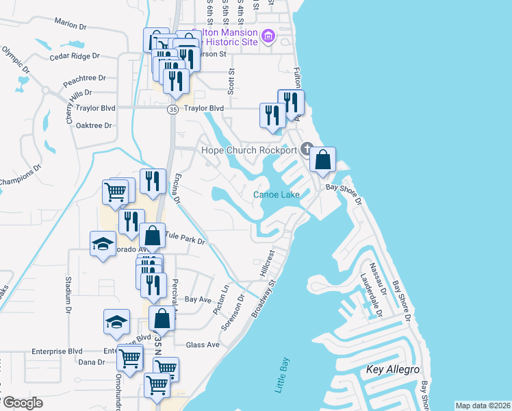 map of restaurants, bars, coffee shops, grocery stores, and more near 2317 Edgewater Court in Rockport
