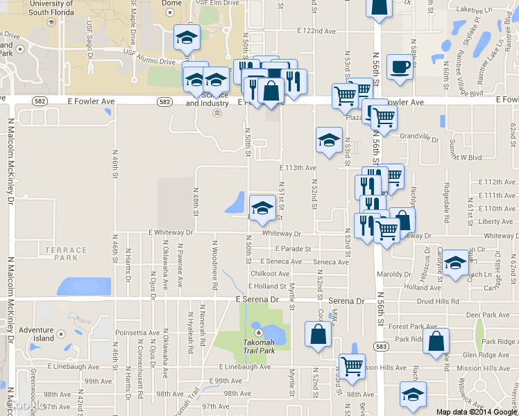 map of restaurants, bars, coffee shops, grocery stores, and more near 5007 East 110th Avenue in Tampa