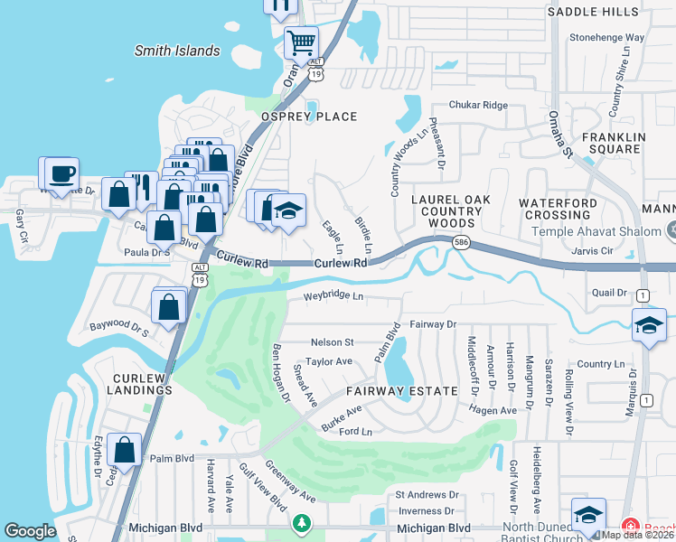 map of restaurants, bars, coffee shops, grocery stores, and more near 1225 Curlew Road in Dunedin