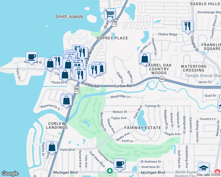 map of restaurants, bars, coffee shops, grocery stores, and more near 1165 Curlew Road in Dunedin