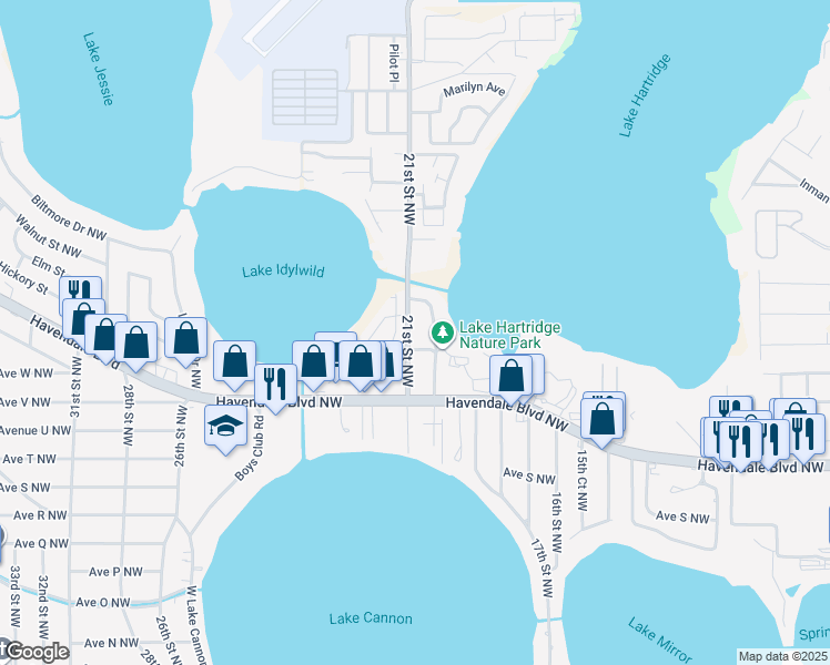 map of restaurants, bars, coffee shops, grocery stores, and more near 2204 21st Street Northwest in Winter Haven