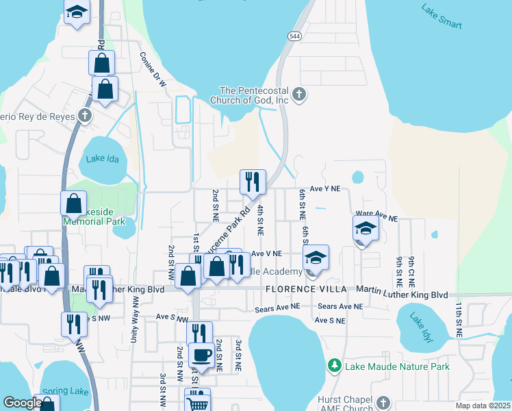 map of restaurants, bars, coffee shops, grocery stores, and more near 426 4th Street Southeast in Winter Haven